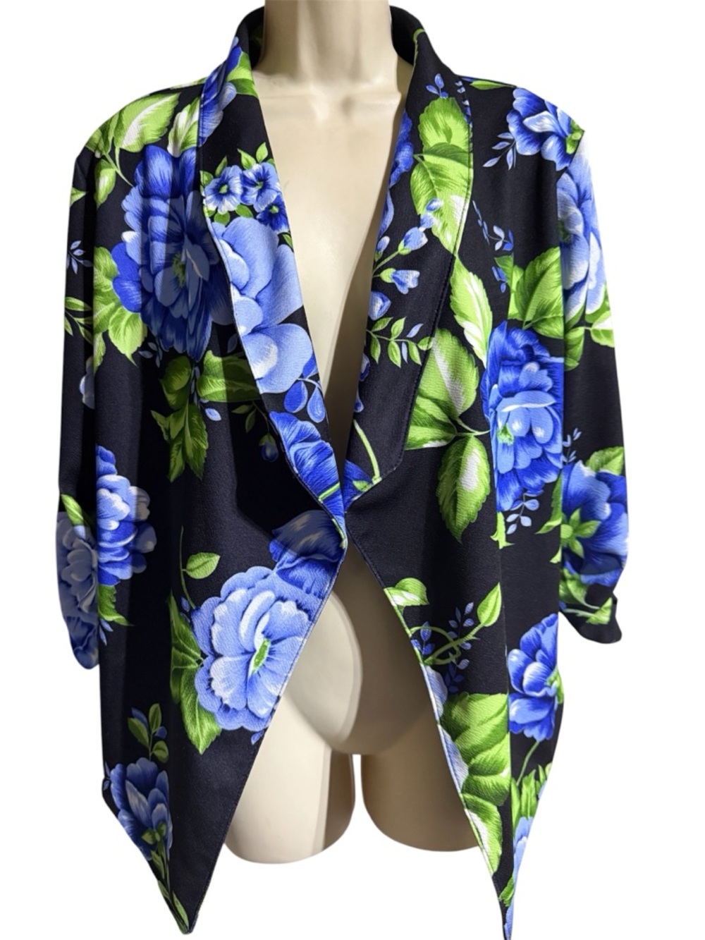 D’nery Black Floral Open Front Blazer Jacket with Blue & Green Blooms| woman XL